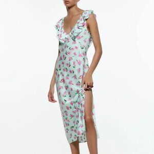 NWT Zara Woman Satin Effect Floral Ruffled Blue Dress Size S Small